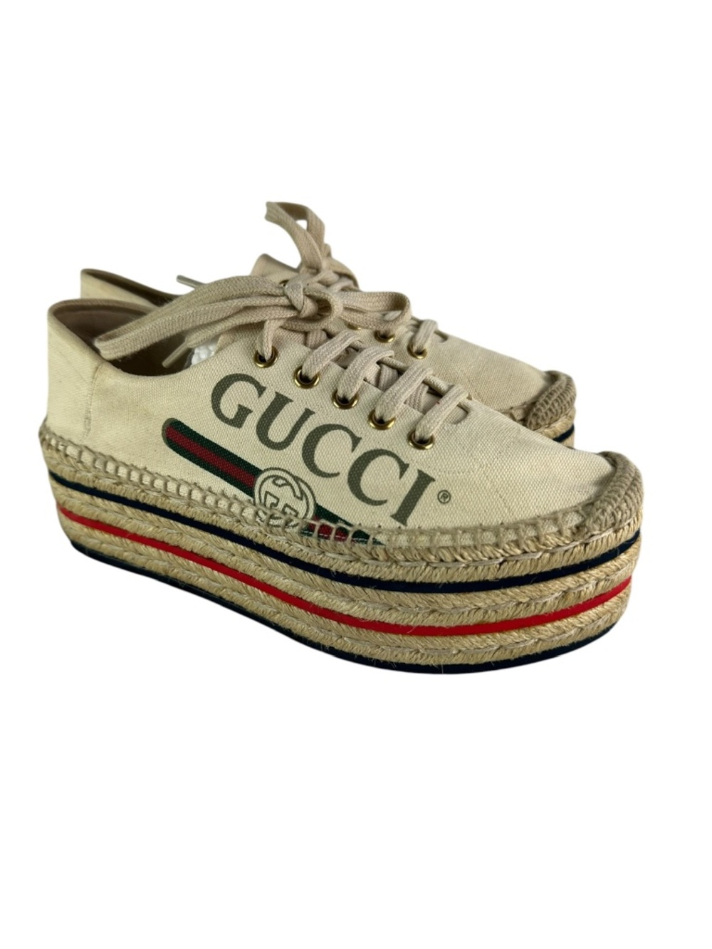 GUCCI Lilibeth Web Logo Canvas Lace Up Espadrille Platfrom Sneakers 38.5 8.5